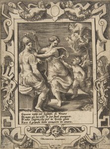 Athena sad i nærheden af Juno, som har fjernet Amors pile, sat inden for en udførlig ramme..., 1531-76. af Giulio Bonasone
