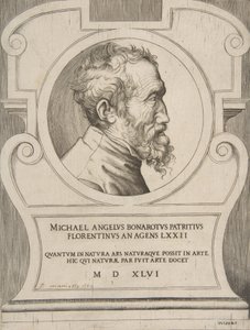 Busteportræt af Michelangelo vendt mod højre, sat i en kartouche., 1546. af Giulio Bonasone