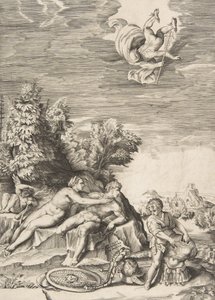 Calypso forsøger at tilbageholde Ulysses, mens et barn forbereder sin rustning til højre og Mercury fa..., 1531-76. af Giulio Bonasone