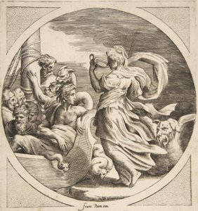 Cirke drikker af en kop med ledsagere af Ulysses i en båd til venstre, et cirkulære ..., 1531-76. af Giulio Bonasone