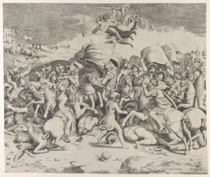 Konstantin besejrer tyrannen Maxentius, engle med sværd flyver over, 1544., 1544. af Giulio Bonasone