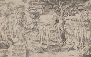 Amor i Elysian Fields bundet til et træ i midten, omgivet af mange figurer, 1563., 1563. af Giulio Bonasone