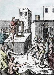 Dødsstraf: fuldbyrdelse af en dødsdom med forfaderen til guillotinen (maskine en dekollation) i Italien kaldet Mannaia og designet af Achille Bocchi, i 1555”” Gravering af Giulio Buonasone (Bonasone) (1498-1574) (Repræsentation af Manna