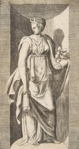 Diana holder frugt i venstre hånd stående i en niche, ca. 1531-76. af Giulio Bonasone