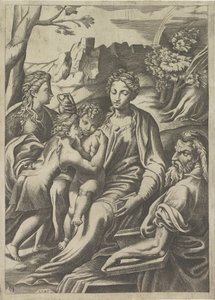 Hellig Familie med den unge Johannes Døberen og Maria Magdalene af Giulio Bonasone