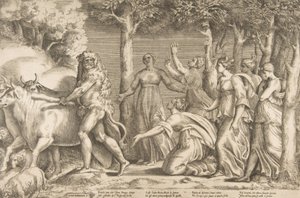 Herkules, der driver kvæget af Geryon, til højre er nymferne fra Hesperides, ..., 1531-76. af Giulio Bonasone