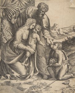 Hellig familie med Johannes Døberen, der knæler til højre, 1531-76. af Giulio Bonasone