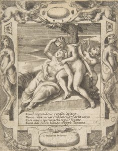 Ixion omfavner en sky, og tror, det er Juno, Amor til højre, sat i en elabora..., 1531-76. af Giulio Bonasone