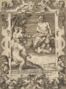 Juno til venstre beder Jupiter om at hjælpe grækerne, sat inden for en udførlig ramme, fra 