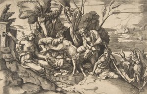Jupiter diedes af geden Amalthea, 1531-76.. af Giulio Bonasone