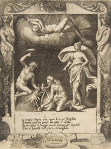 Litigium fjernet fra kroppen af Chaos, mens hans mor kastes i luften, sat med..., 1531-76. af Giulio Bonasone