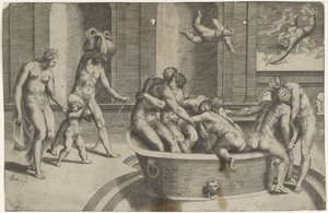 Mænd og kvinder i stort badekar af Giulio Bonasone