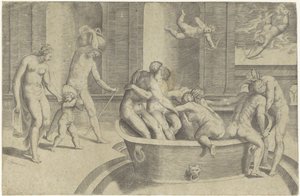 Mænd og kvinder i stort badekar af Giulio Bonasone