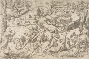 Mars og Rhea Silvia: i midten holder Mars et skjold og sværd, Rhea Silvia sover..., ca 1531-76. af Giulio Bonasone