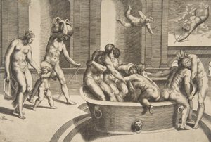 Badende mænd og kvinder, nogle omfavnende, 1531-76.