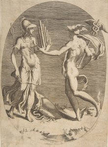 Mercury præsenterer en panrøre til Minerva, der står til venstre, en oval komposition, 1531-76. af Giulio Bonasone
