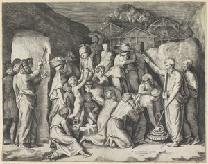 Moses befaler israelitterne at samle manna, og Moses slår vand ud af klippen af Giulio Bonasone