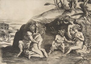 Nymfer og Satyrer badende, 1531-76. af Giulio Bonasone