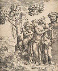 Pan til venstre ved siden af en stående nymfe, til højre Amor med bækkener, 1531-76.