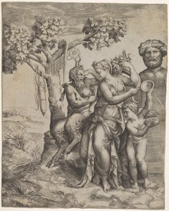 Pan siddende nær en kvindeskikkelse, der holder et overflødighedshorn, en nymfe eller Pomona, til højre ..., ca. 1550-60.