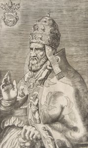 Portræt af pave Marcellus II, højre hånd løftet mod venstre, ca. 1555. af Giulio Bonasone