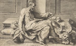 Sankt Markus skriver sit evangelium, en bevinget løve til højre, 1531-76. af Giulio Bonasone