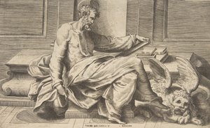 Sankt Markus skriver sit evangelium, bevinget løve til højre, 1531-76. af Giulio Bonasone