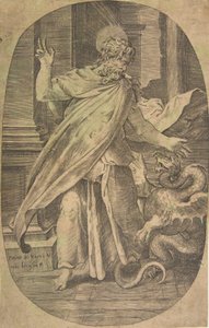 St. Paul overvinder hugormen, i arkitektoniske omgivelser, en oval komposition, ca. 1540-70. af Giulio Bonasone
