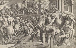 Trojanerne trækker træhesten ind i Troja, 1545. af Giulio Bonasone