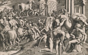 Trojanerne trækker træhesten ind i byen, 1545.