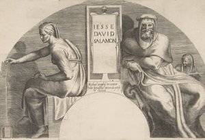 Kristi forfædre flankerer en indskrevet tavle, en buet topkomposition, 1531-76. af Giulio Bonasone