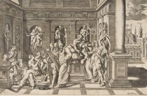 Johannes Døberens fødsel i en klassisk bygning, ca 1531-76 af Giulio Bonasone