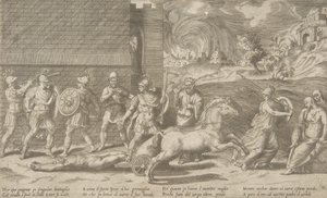 Kampen mellem Hector og Achilles, og Achilles, der slæber liget af Hector rundt i ..., 1531-76.