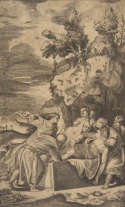 Kristi gravlæggelse, korsene på Golgata synlige i venstre baggrund, 1563.