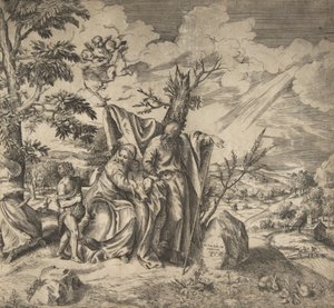 Resten af den hellige familie på deres flugt til Egypten, 1531-76. af Giulio Bonasone