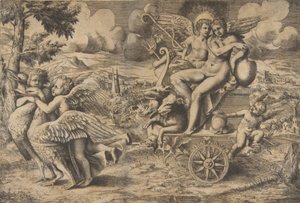 Amor og Psykes triumf, der sidder på en vogn trukket af to fugle hviler..., ca. 1550-67. af Giulio Bonasone