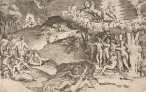 Kærlighedens triumf, Amor, der kører på en vogn trukket af enhjørning, er øverst til højre, nøgen ..., 1545. af Giulio Bonasone