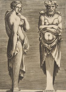 To led, en nymfe til venstre Silvanus til højre, ca. 1530-50. af Giulio Bonasone