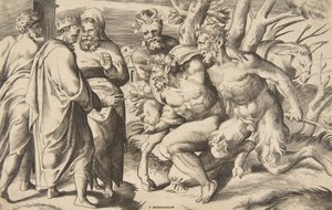 To satyrer, der bringer Silenus kong Midas stående til venstre, 1531-76. af Giulio Bonasone