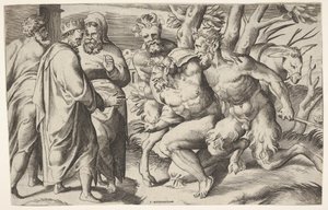 To satyrer fører Silenus til kong Midas, som står til venstre med to mandlige ledsagere..., ca. 1550-80. af Giulio Bonasone