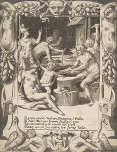 Vulcan, Neptun, Athena og andre guder, der laver lænker for at trække Jupiter fra himlen..., 1531-76. af Giulio Bonasone
