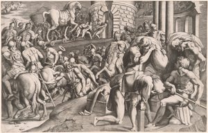 Trojanerne trækker træhesten ind i Troja af Giulio Bonasone, after Francesco Primaticcio