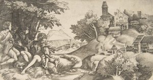Til venstre fire hyrder med musikinstrumenter siddende under en gruppe træer..., ca. 1517