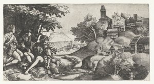 Hyrder laver musik i et landskab