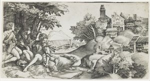 Hyrder i et landskab, ca. 1517-1518 af Giulio Campagnola