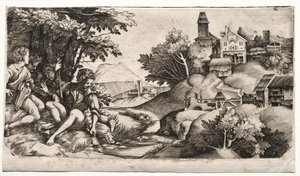 Hyrder i et landskab, ca. 1517. af Giulio Campagnola