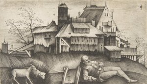Den gamle hyrde liggende i et landskab, bygninger bagved, en ged og et får til th..., ca. 1500-1515. af Giulio Campagnola