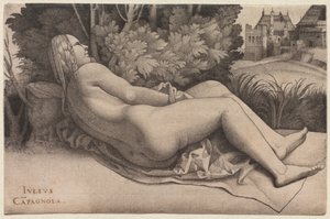 Venus tilbagelænet i et landskab, ca. 1508-09 af Giulio Campagnola