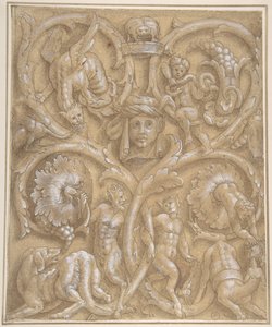 Design til et dekorativt panel med Rinceaux, Satyrs, Putti, monstre og et menneskehoved, 1535-45. af Giulio Campi.