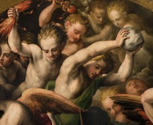Nordlige tværskib, Ærkeenglen St. Michaels alter, Ærkeenglen Michael dræber den onde, Giulio Campi 1566, Detalje